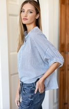 Load image into Gallery viewer, Mandarin Collar Top Indigo Stripe