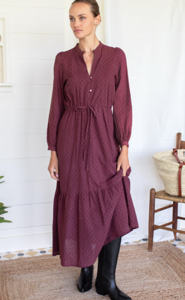 Frances 3 Dress Swiss Dots Burgundy