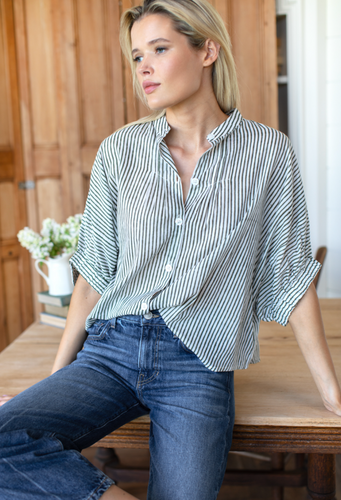 Madarin Collar Top Moss Stripe