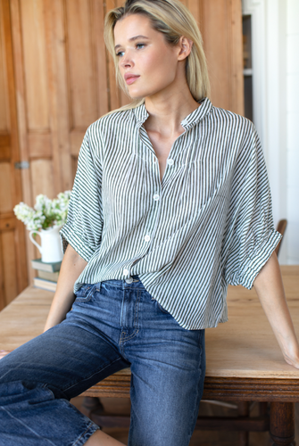 Mandarin Collar Top Moss Stripe
