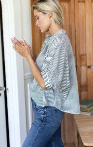 Mandarin Collar Top Moss Stripe