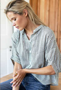 Mandarin Collar Top Moss Stripe