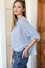 Load image into Gallery viewer, Mandarin Collar Top Indigo Stripe