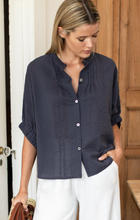 Load image into Gallery viewer, Mandarin Collar Top Midnight Seersucker