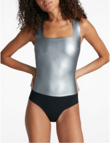 Faux Leather Square Neck Bodysuit Plat