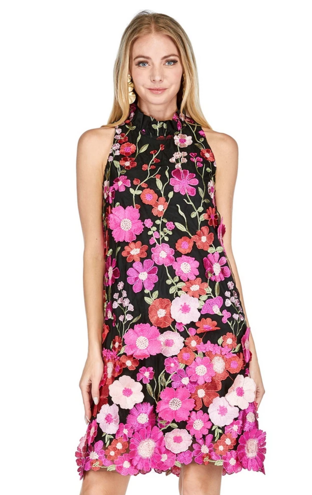 Dimensional Floral Dress Fuchsia