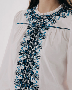 Tia Top White Navy Embroidery