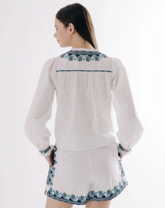 Tia Top White Navy Embroidery