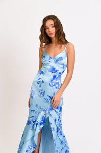Angel Maxi Dress in Sky Floral Satin