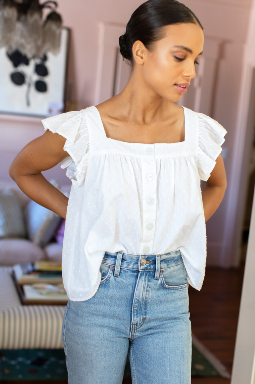 Laurent Flutter Top White Dots