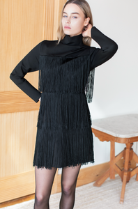 Short Fringe Dress Black Ponte