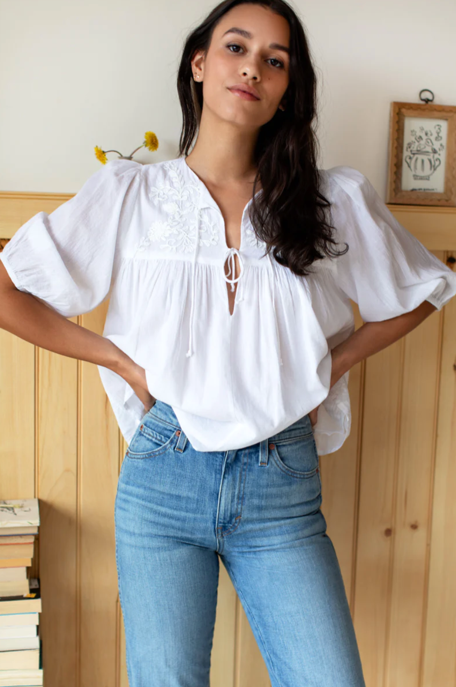 Puff Isla Top White Embroidered